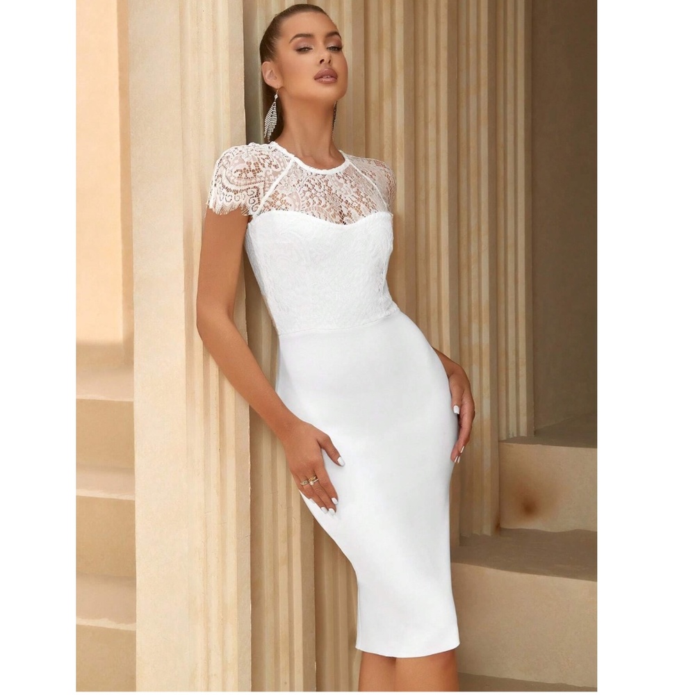 Bandage Lace Detail Bodycon Midi Dress in White - Picture 6 of 17